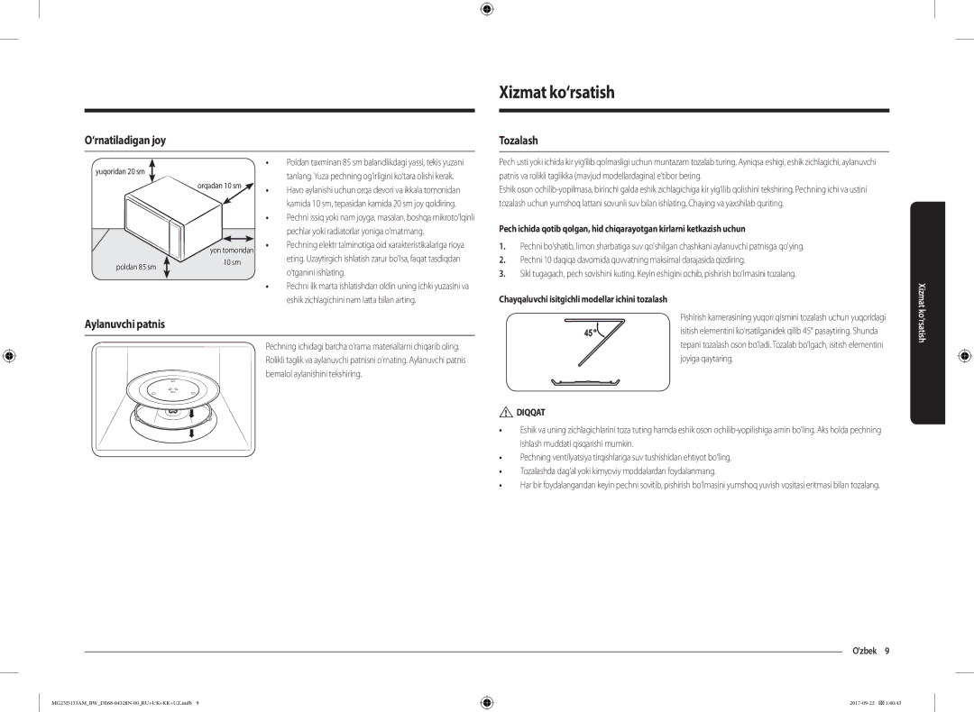 Samsung MG23J5133AM/BW manual Xizmat ko‘rsatish, ‘rnatiladigan joy, Tozalash, Aylanuvchi patnis, Diqqat 