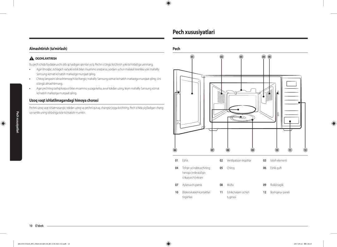 Samsung MG23J5133AM/BW manual Pech xususiyatlari, Almashtirish ta’mirlash, Uzoq vaqt ishlatilmagandagi himoya chorasi 