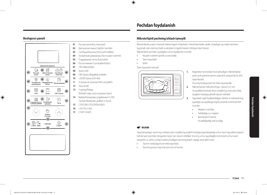 Samsung MG23J5133AM/BW Pechdan foydalanish, Boshqaruv paneli, Mikrotolqinli pechning ishlash tamoyili, 16 +30 СЕК +30s 