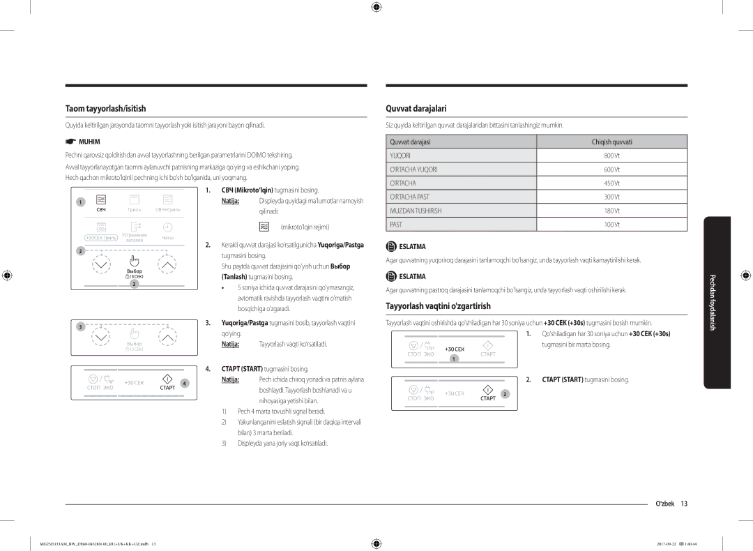 Samsung MG23J5133AM/BW manual Taom tayyorlash/isitish, Quvvat darajalari, Tayyorlash vaqtini ozgartirish 