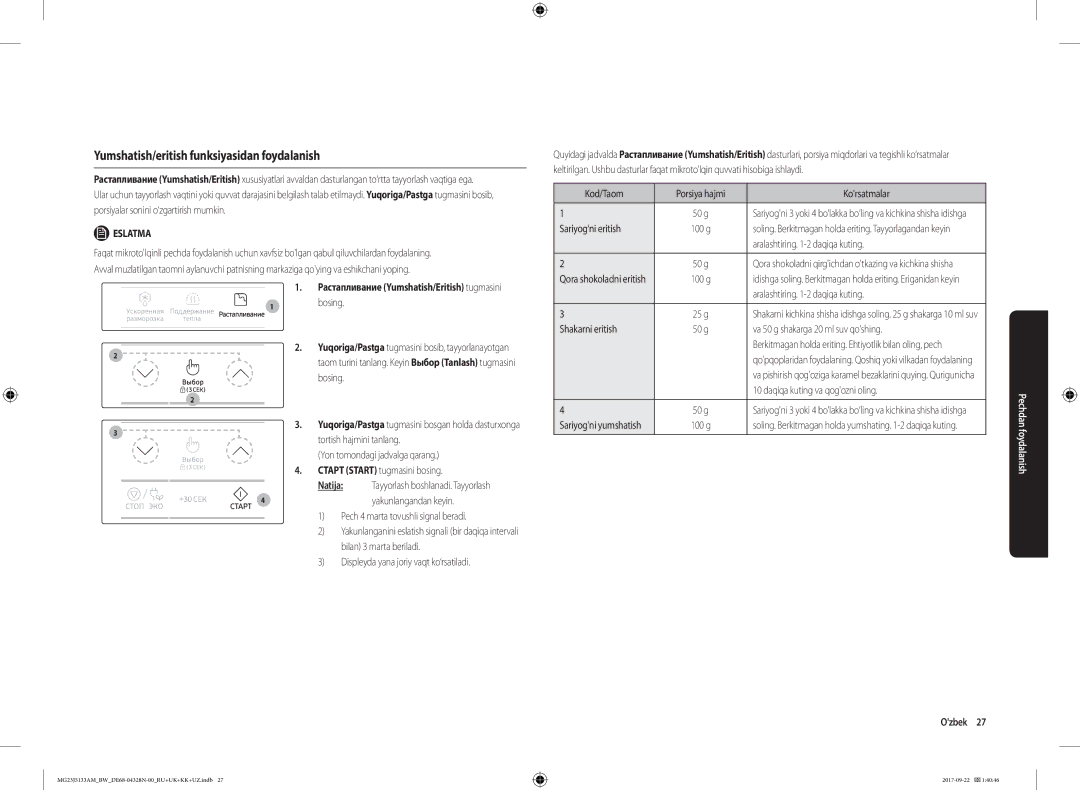 Samsung MG23J5133AM/BW manual Yumshatish/eritish funksiyasidan foydalanish 