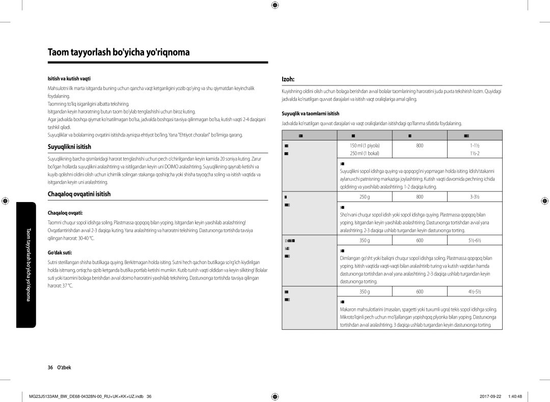 Samsung MG23J5133AM/BW manual Suyuqlikni isitish, Chaqaloq ovqatini isitish, Izoh 