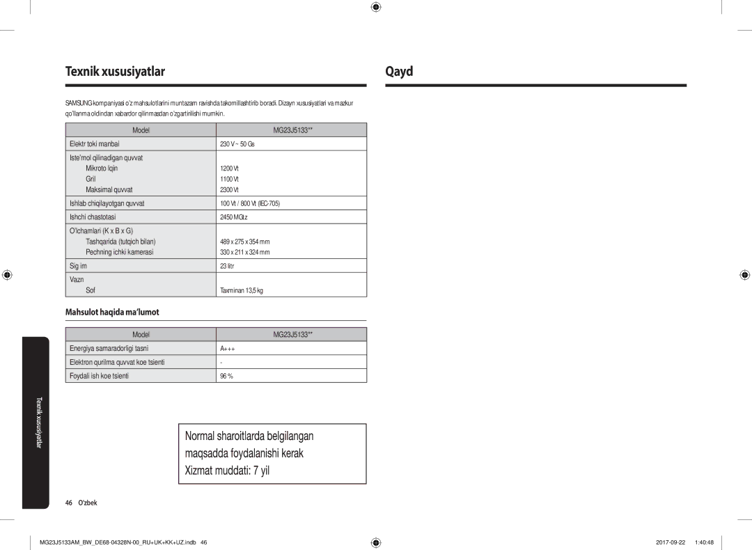 Samsung MG23J5133AM/BW manual Texnik xususiyatlarQayd, Mahsulot haqida ma’lumot 