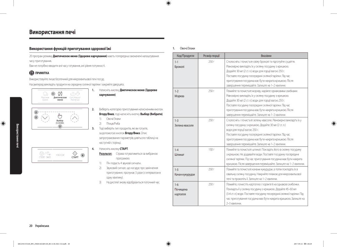 Samsung MG23J5133AM/BW Використання функцій приготування здорової їжі, Харчування, Овочі/Злаки, Птиця/Риба, 20 Українська 