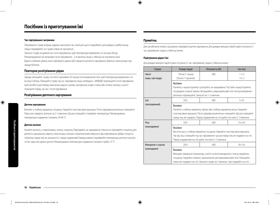 Samsung MG23J5133AM/BW manual Повторне розігрівання рідин, Розігрівання дитячого харчування, Примітка 