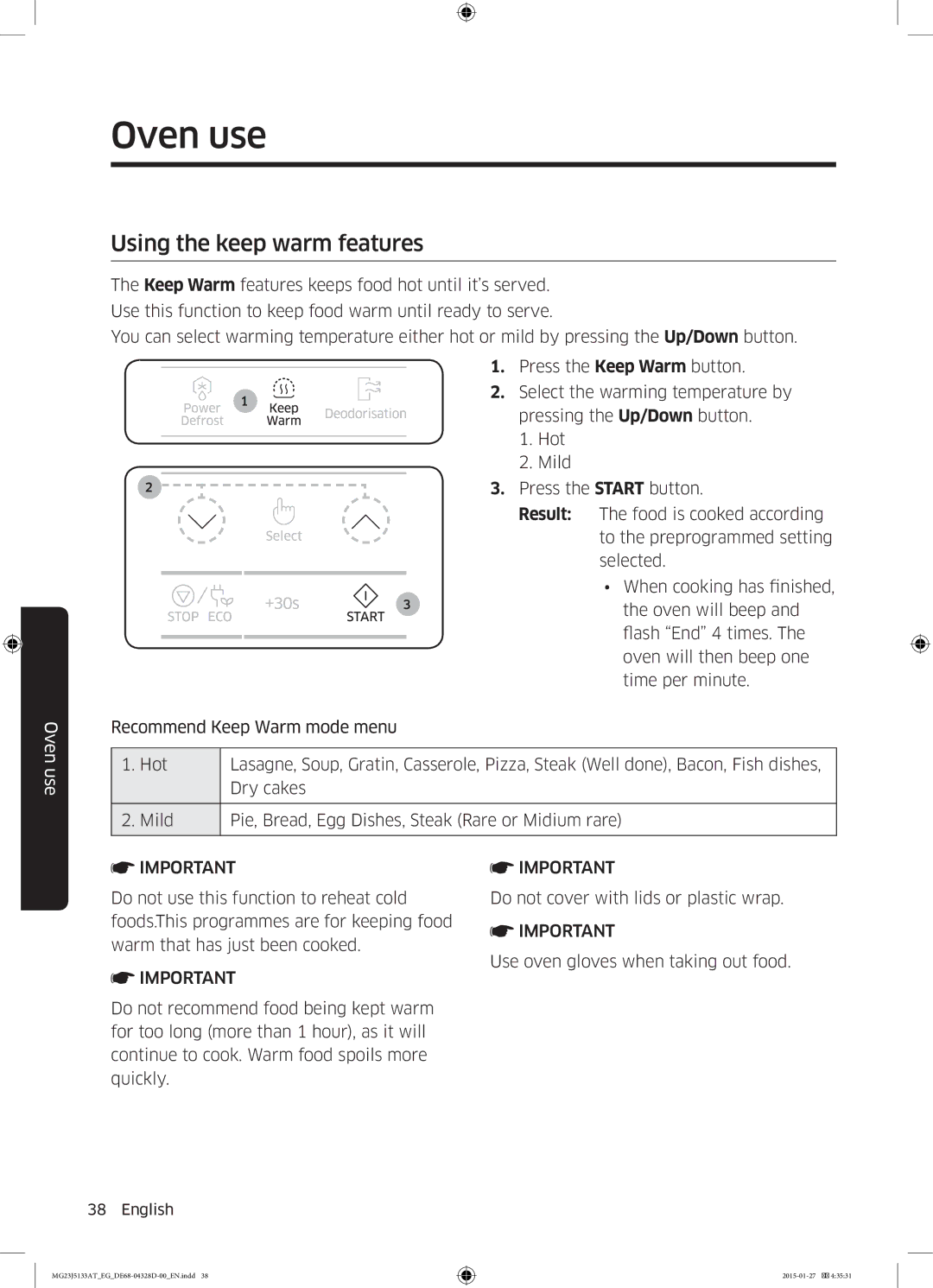 Samsung MG23J5133AT/EG manual Using the keep warm features 