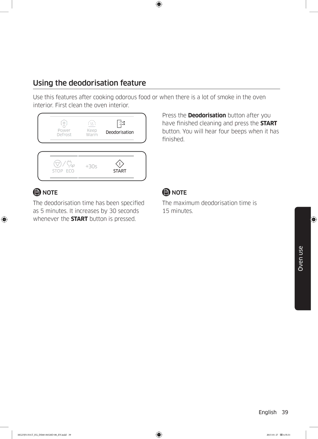 Samsung MG23J5133AT/EG manual Using the deodorisation feature 