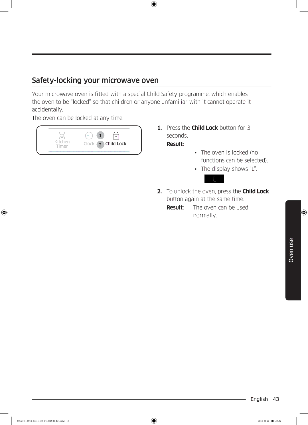 Samsung MG23J5133AT/EG manual Safety-locking your microwave oven 