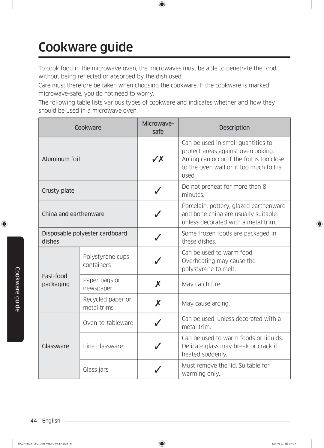 Samsung MG23J5133AT/EG manual Cookware guide 