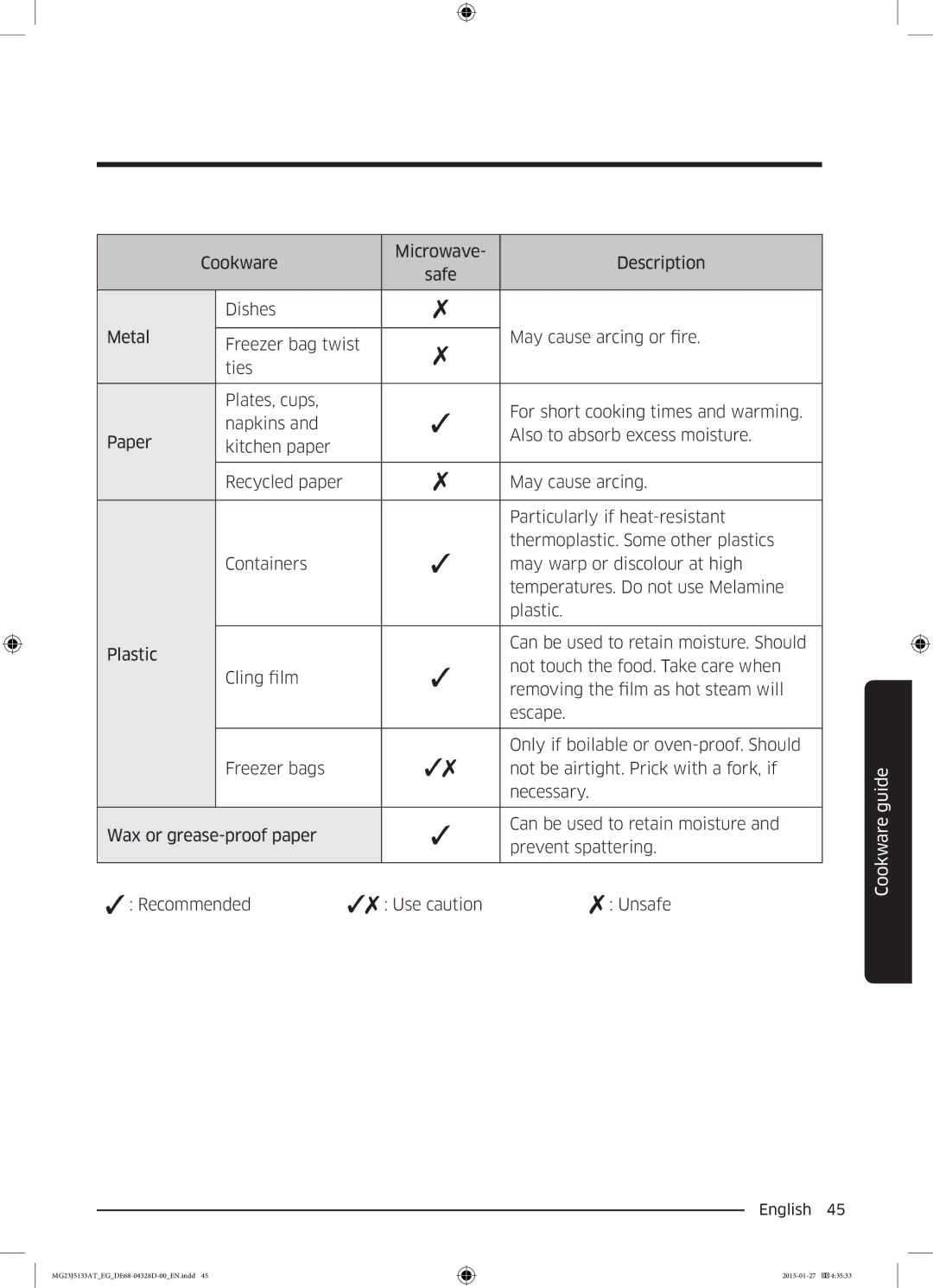 Samsung MG23J5133AT/EG manual Cookware guide 