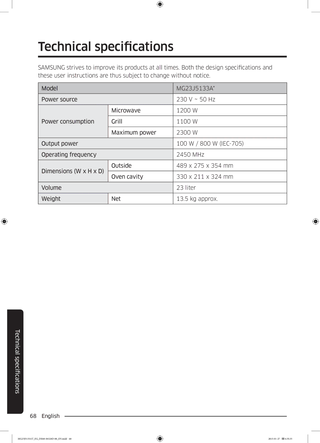 Samsung MG23J5133AT/EG manual Technical specifications 