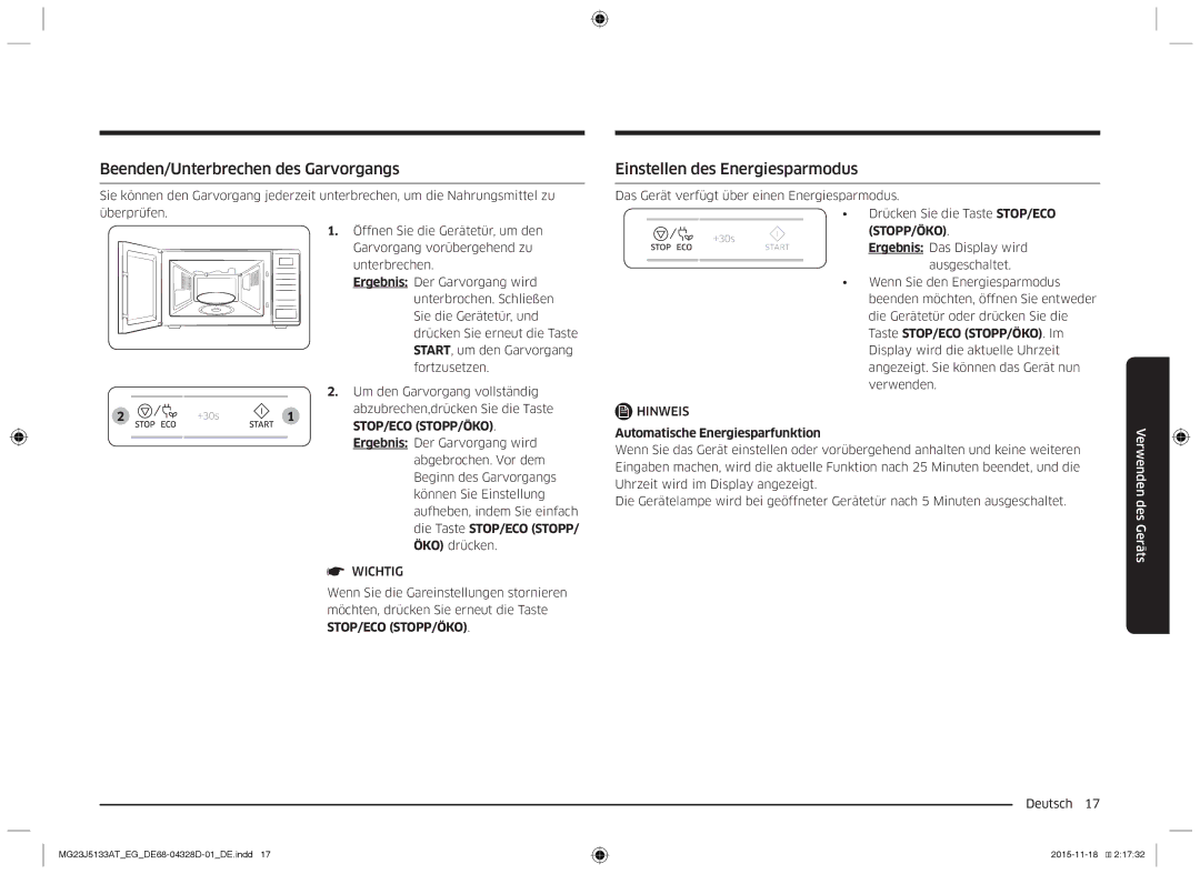 Samsung MG23J5133AT/EG manual Beenden/Unterbrechen des Garvorgangs, Einstellen des Energiesparmodus 