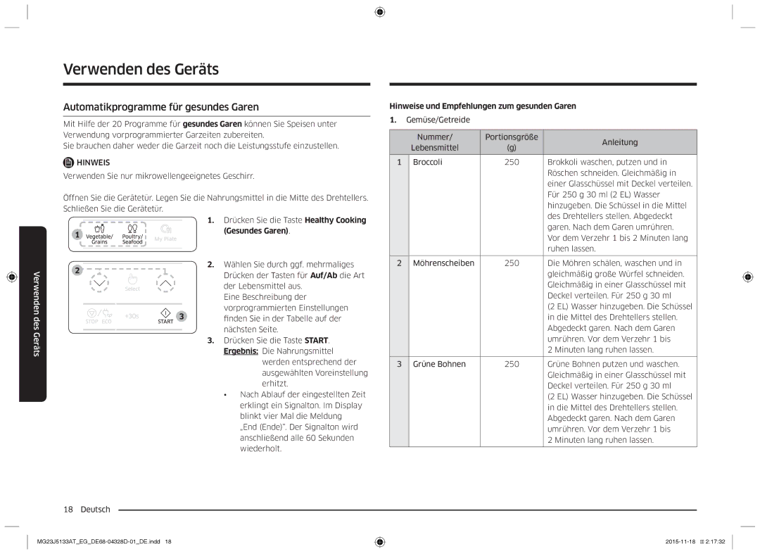 Samsung MG23J5133AT/EG manual Automatikprogramme für gesundes Garen, Hinweise und Empfehlungen zum gesunden Garen 