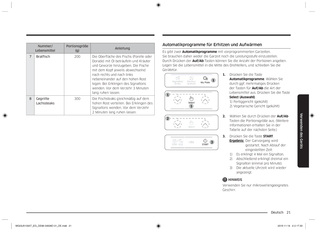 Samsung MG23J5133AT/EG manual Automatikprogramme für Erhitzen und Aufwärmen 