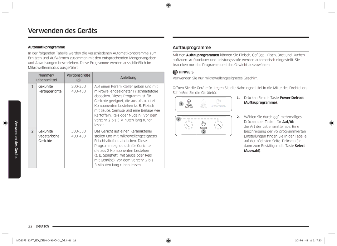 Samsung MG23J5133AT/EG manual Auftauprogramme, Automatikprogramme 