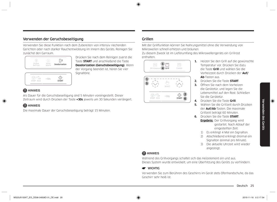 Samsung MG23J5133AT/EG manual Verwenden der Geruchsbeseitigung, Grillen 