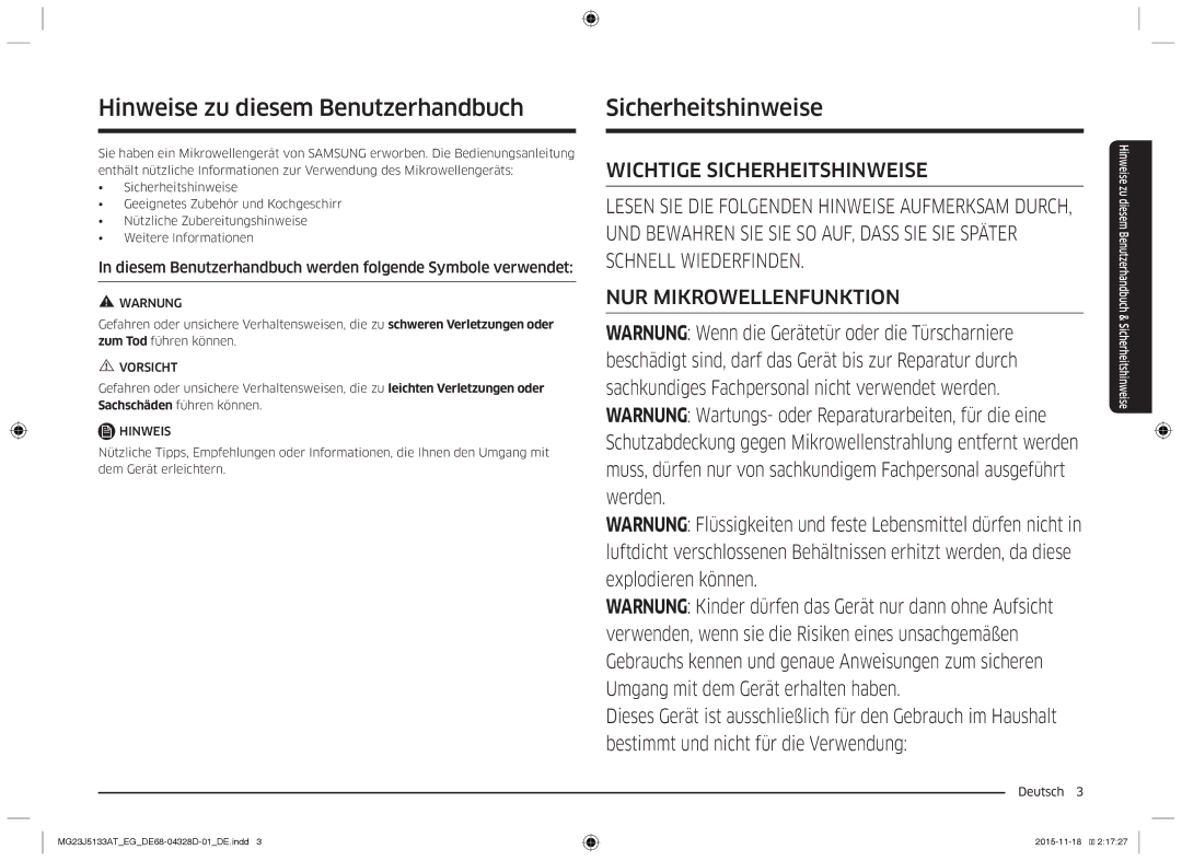 Samsung MG23J5133AT/EG manual Hinweise zu diesem Benutzerhandbuch, Sicherheitshinweise 