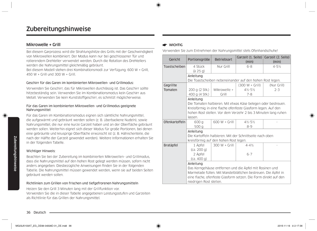 Samsung MG23J5133AT/EG manual Mikrowelle + Grill 