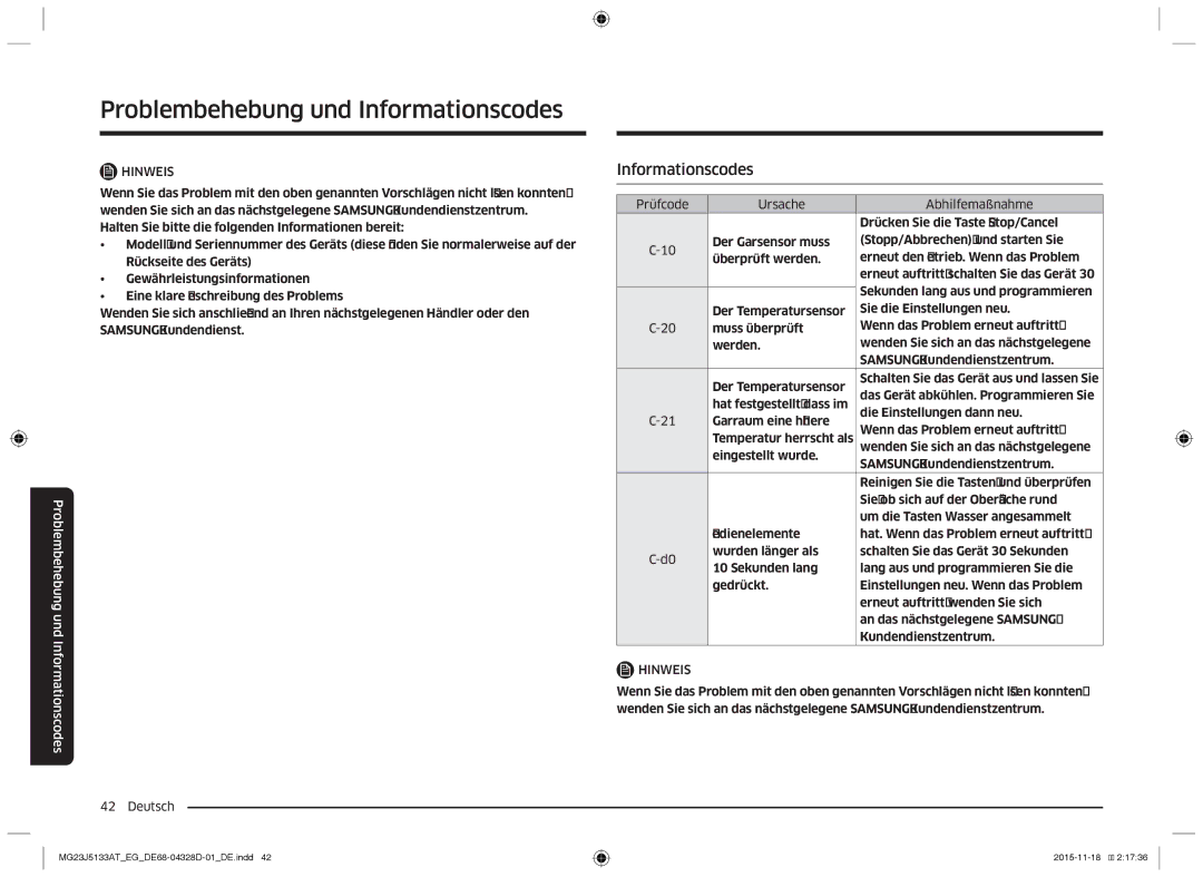 Samsung MG23J5133AT/EG manual Informationscodes 