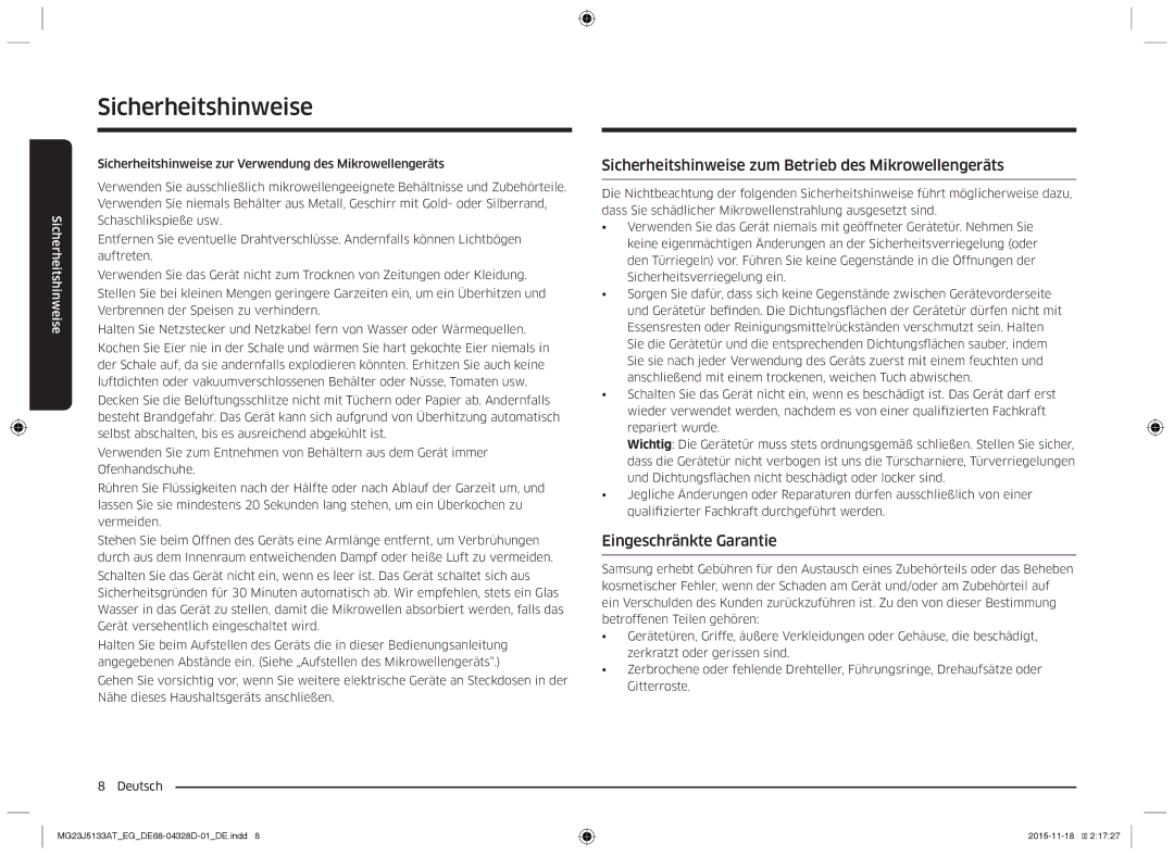 Samsung MG23J5133AT/EG manual Sicherheitshinweise zum Betrieb des Mikrowellengeräts, Eingeschränkte Garantie 