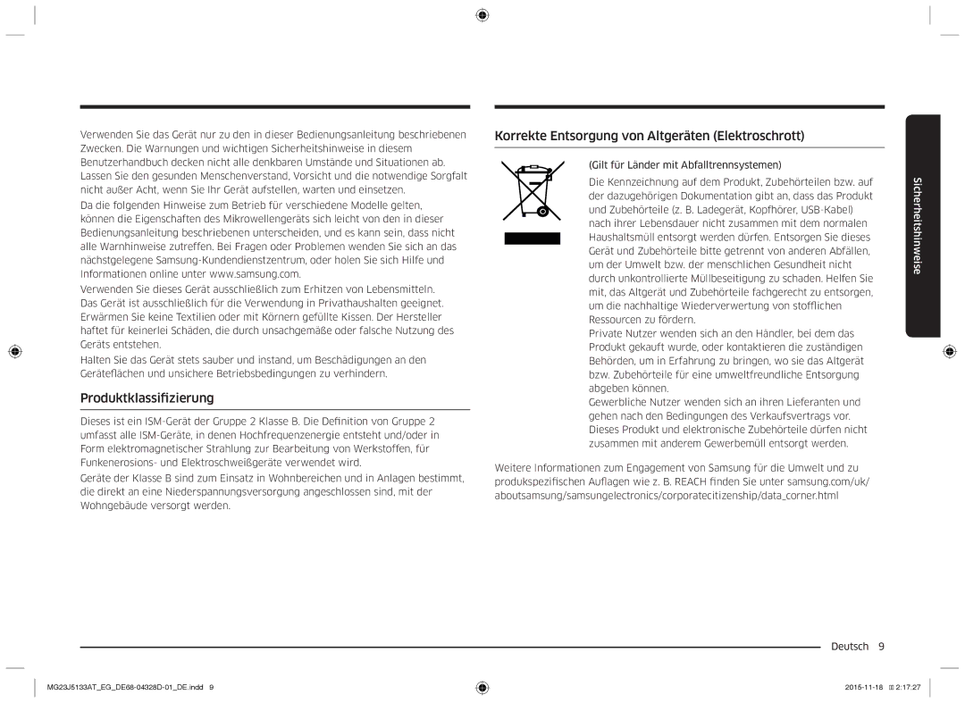 Samsung MG23J5133AT/EG manual Produktklassifizierung, Korrekte Entsorgung von Altgeräten Elektroschrott 