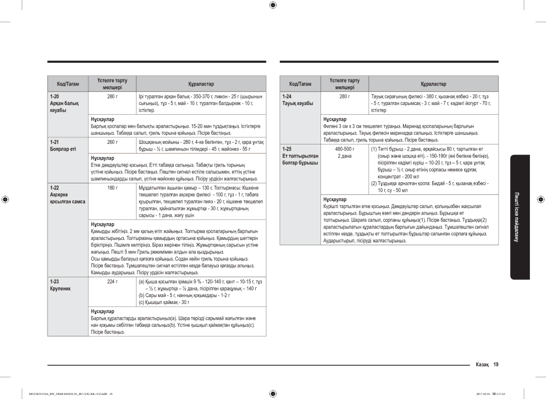 Samsung MG23K3515AS/BW, MG23K3515AK/BW Арқан балық, Кәуабы Істіктер Нұсқаулар, Боярлар еті, Ақсерке, Крупеник, Казақ 19 