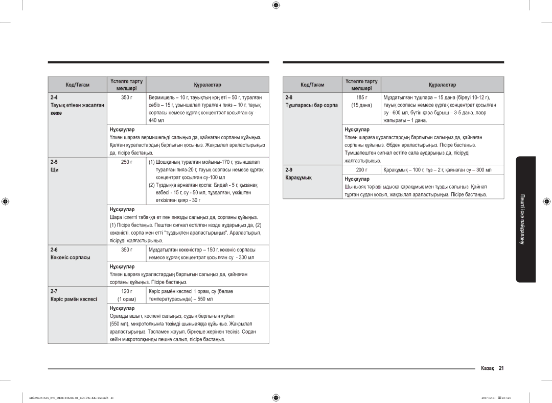 Samsung MG23K3515AS/BW, MG23K3515AK/BW manual Көкөніс сорпасы, Қарақұмық Нұсқаулар, Казақ 21 