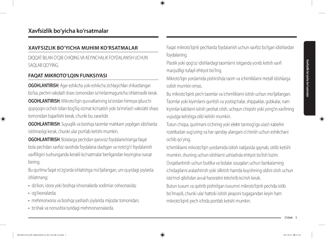 Samsung MG23K3515AS/BW, MG23K3515AK/BW manual Xavfsizlik bo‘yicha ko‘rsatmalar, Ozbek  