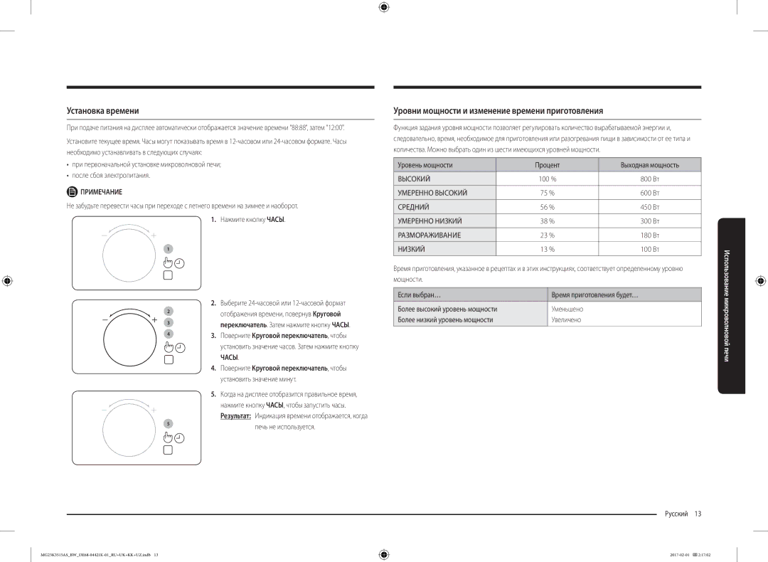 Samsung MG23K3515AS/BW, MG23K3515AK/BW manual Установка времени, Уровни мощности и изменение времени приготовления, Часы 