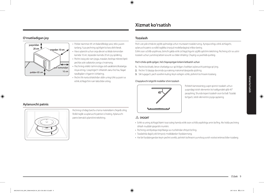Samsung MG23K3515AS/BW, MG23K3515AK/BW manual Xizmat ko‘rsatish, ‘rnatiladigan joy, Tozalash, Aylanuvchi patnis, Diqqat 