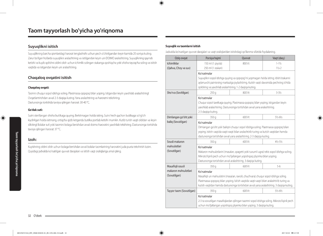 Samsung MG23K3515AK/BW, MG23K3515AS/BW manual Suyuqlikni isitish, Chaqaloq ovqatini isitish, Izoh 