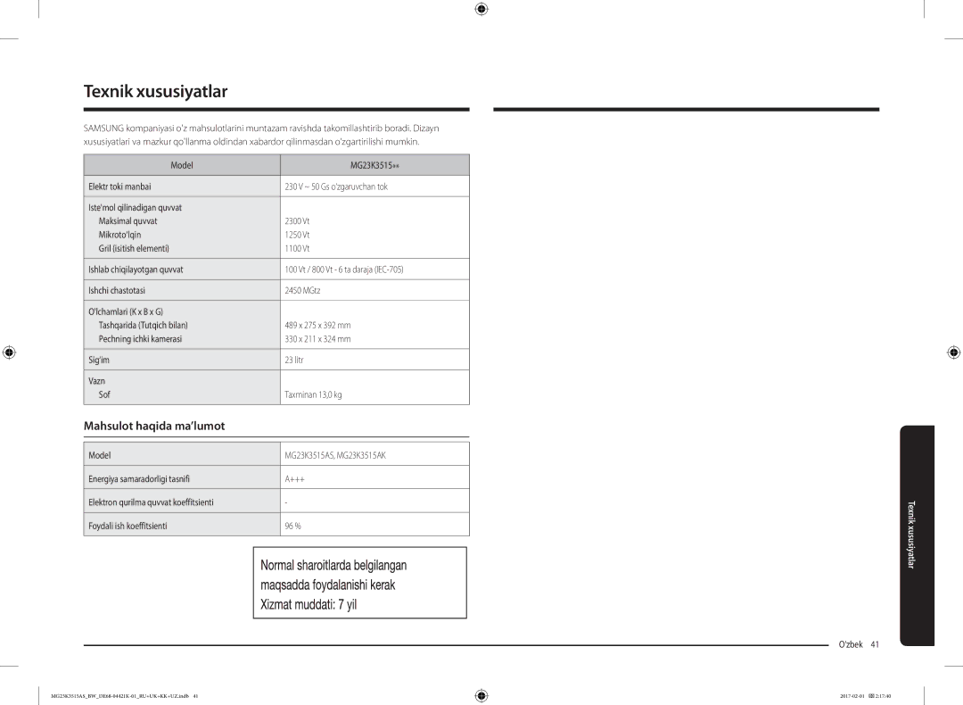 Samsung MG23K3515AS/BW, MG23K3515AK/BW manual Texnik xususiyatlar, Mahsulot haqida ma’lumot 