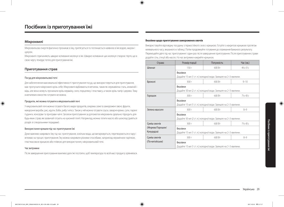 Samsung MG23K3515AS/BW, MG23K3515AK/BW manual Посібник із приготування їжі, Мікрохвилі, Приготування страв 