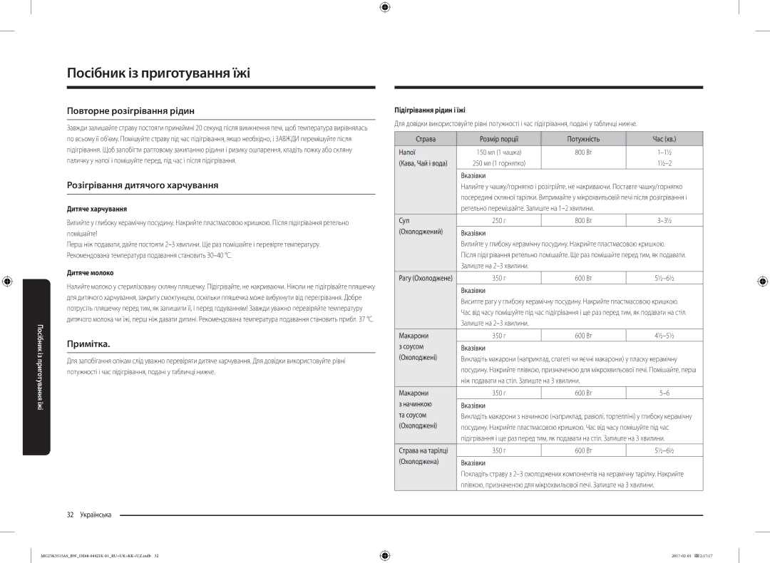 Samsung MG23K3515AK/BW, MG23K3515AS/BW manual Повторне розігрівання рідин, Розігрівання дитячого харчування, Примітка 