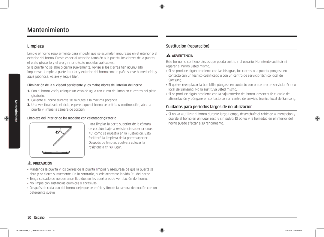 Samsung MG23K3515AS/EC Mantenimiento, Limpieza, Sustitución reparación, Cuidados para períodos largos de no utilización 