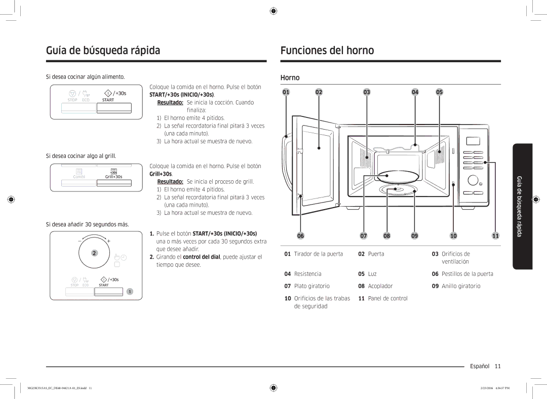 Samsung MG23K3515AS/EC Guía de búsqueda rápida Funciones del horno, Horno, Orificios de las trabas 11 Panel de control 