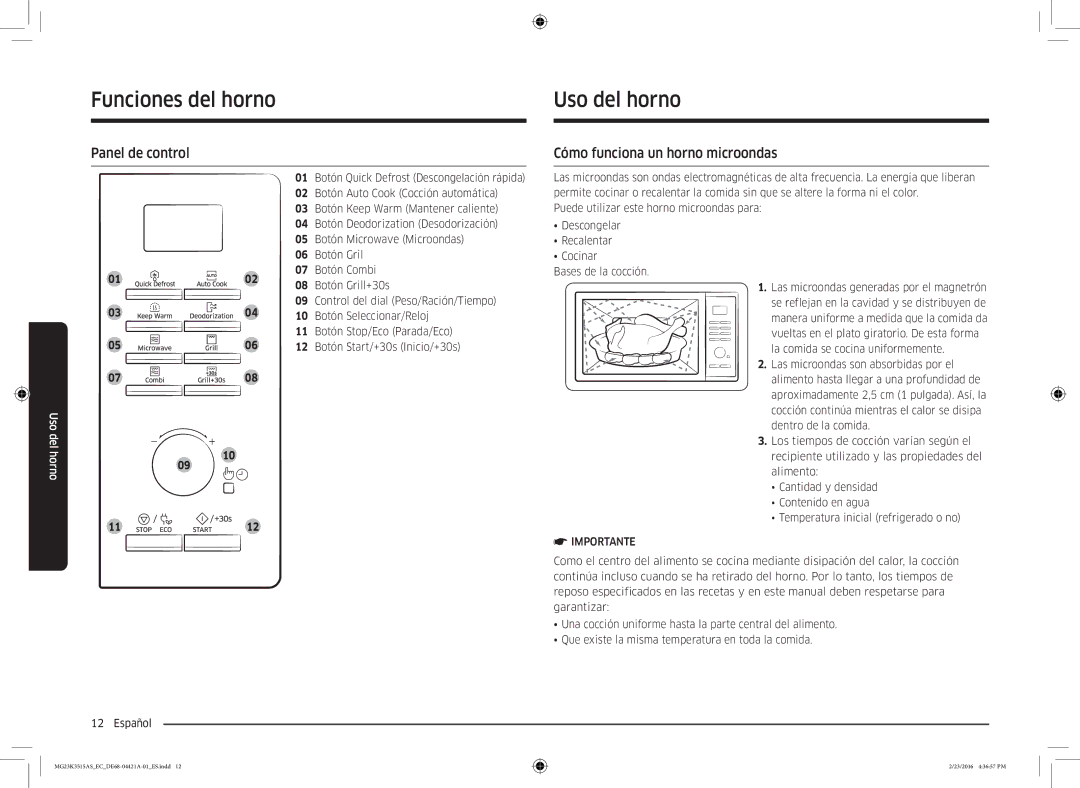 Samsung MG23K3515AS/EC manual Uso del horno, Panel de control, Cómo funciona un horno microondas 