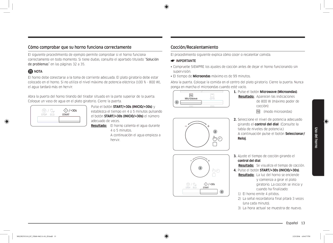 Samsung MG23K3515AS/EC manual Cómo comprobar que su horno funciona correctamente, Cocción/Recalentamiento 