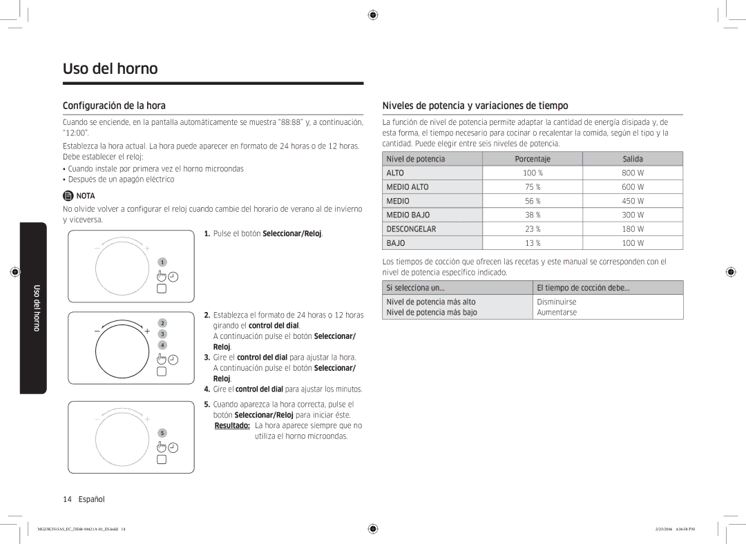 Samsung MG23K3515AS/EC manual Configuración de la hora, Niveles de potencia y variaciones de tiempo 