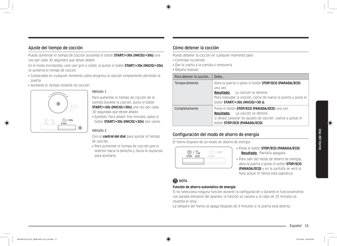 Samsung MG23K3515AS/EC Ajuste del tiempo de cocción, Cómo detener la cocción, Configuración del modo de ahorro de energía 