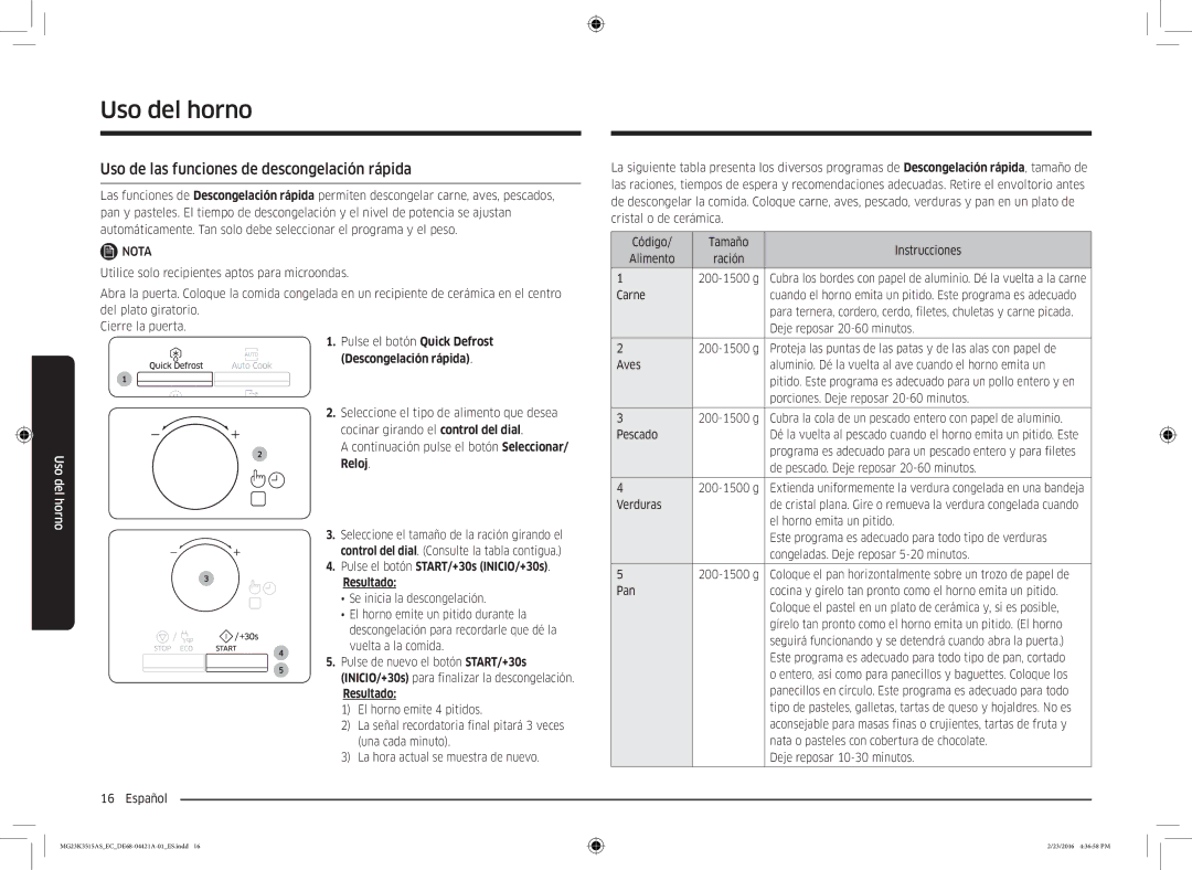 Samsung MG23K3515AS/EC Uso de las funciones de descongelación rápida, Pulse el botón START/+30s INICIO/+30s Resultado 