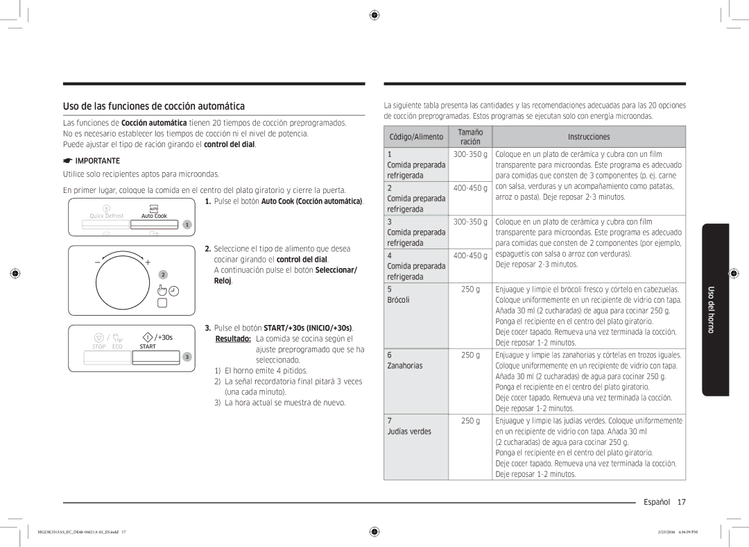 Samsung MG23K3515AS/EC manual Uso de las funciones de cocción automática, Pulse el botón Auto Cook Cocción automática 