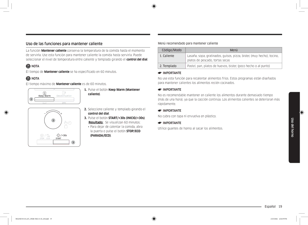 Samsung MG23K3515AS/EC manual Uso de las funciones para mantener caliente, Platos de pescado, tortas secas 