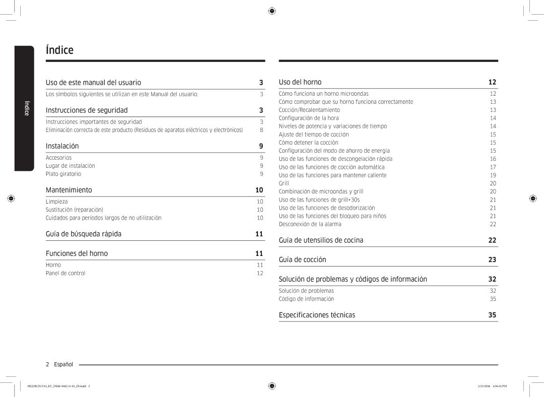 Samsung MG23K3515AS/EC manual Índice 