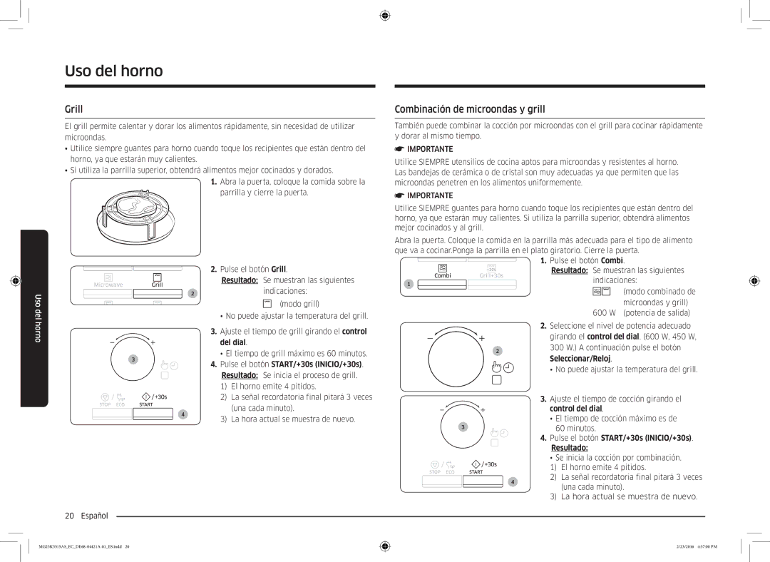 Samsung MG23K3515AS/EC manual Grill, Combinación de microondas y grill, Del dial 