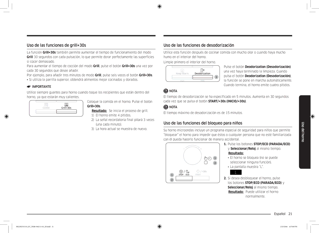 Samsung MG23K3515AS/EC manual Uso de las funciones de grill+30s, Uso de las funciones de desodorización 