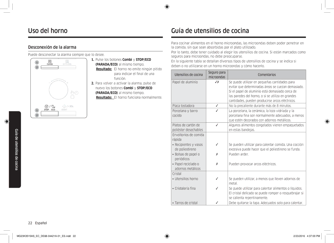 Samsung MG23K3515AS/EC manual Guía de utensilios de cocina, Desconexión de la alarma 