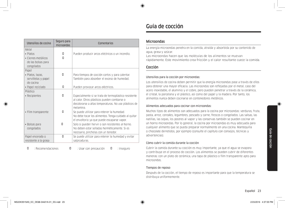 Samsung MG23K3515AS/EC manual Guía de cocción, Microondas, Cocción 