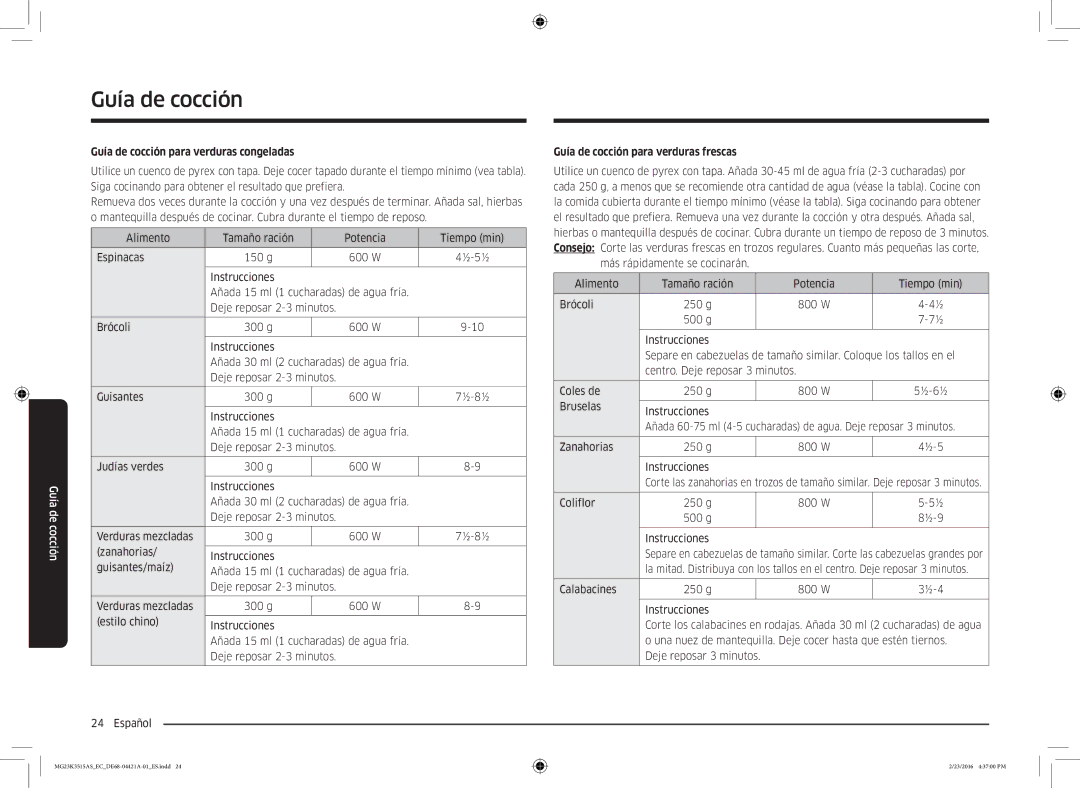 Samsung MG23K3515AS/EC manual Guía de cocción para verduras congeladas, Guía de cocción para verduras frescas 