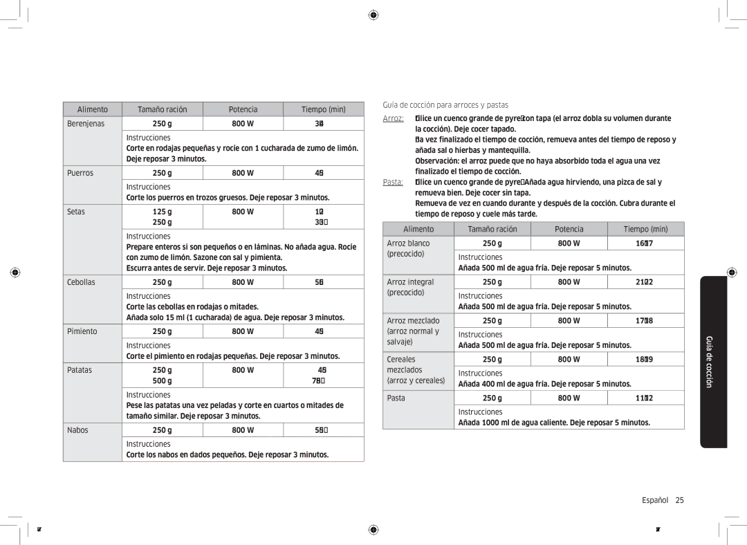 Samsung MG23K3515AS/EC Deje reposar 3 minutos Puerros 250 g 800 W, g Instrucciones, Guía de cocción para arroces y pastas 